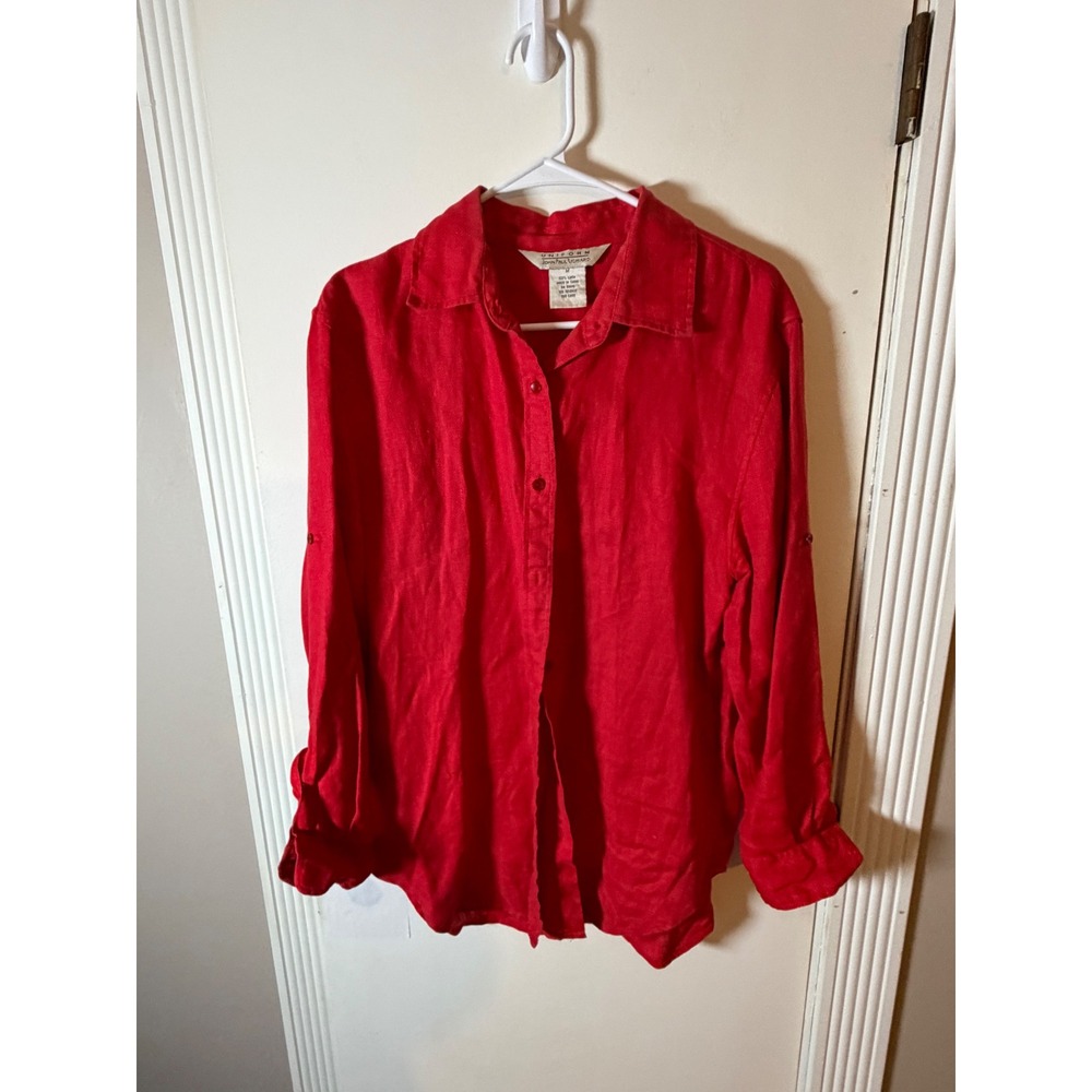 Uniform John Paul Richard Red 100% Linen Roll Tab Sleeve Button Down Shirt M